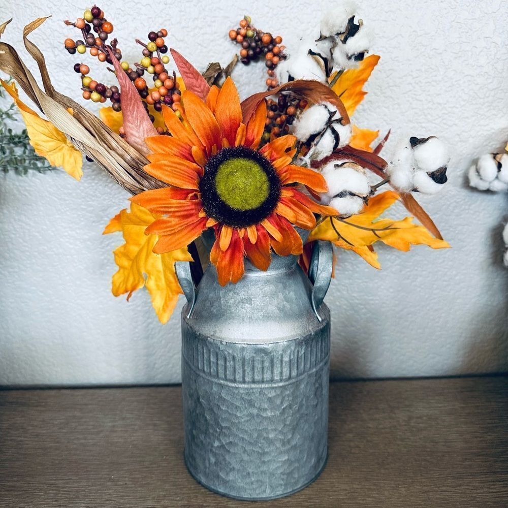 Fall Rustic Metal Farmhouse Sunflower Floral Arrangement